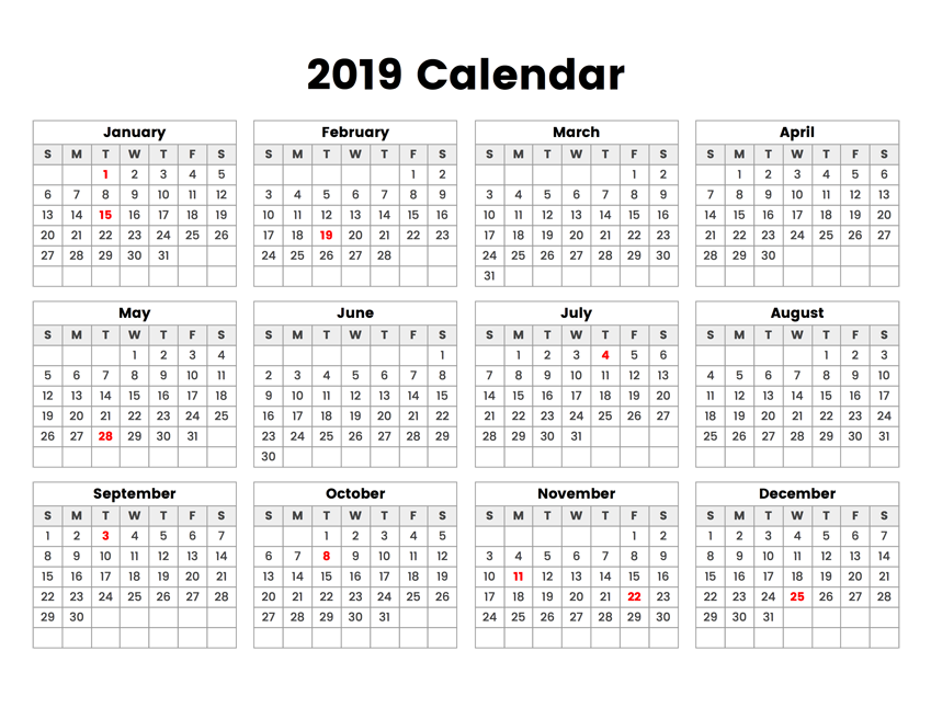 2019 Year Calendar With Holidays A Printable Calendar