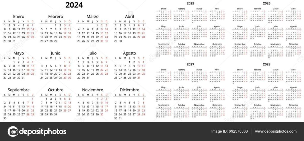 2024 2025 2026 2027 2028 Vertical Spanish Calendars Printable Vector