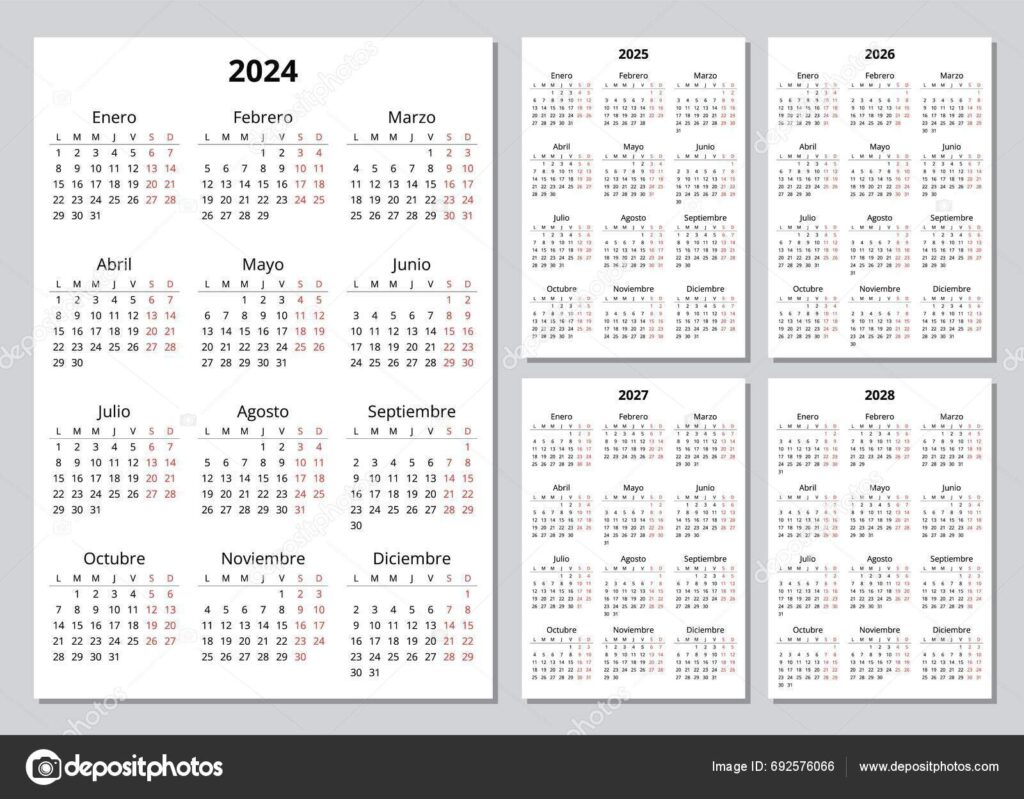 2024 2025 2026 2027 2028 Vertical Spanish Calendars Printable Vector
