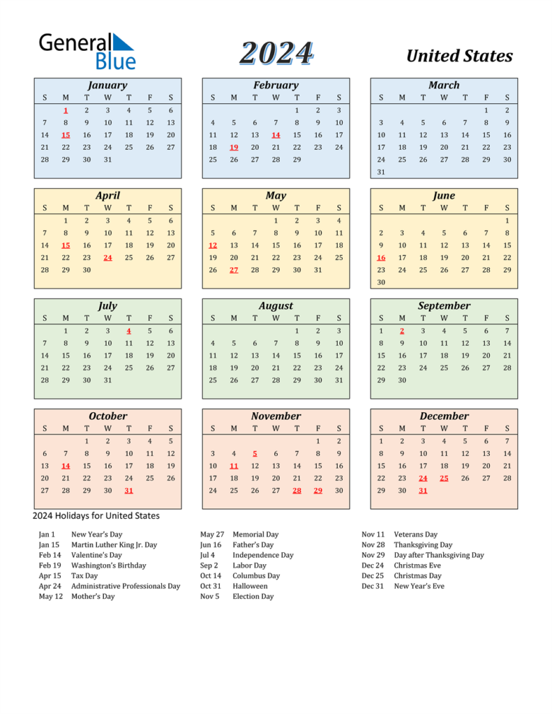 2024 Calendar Printable With Holidays