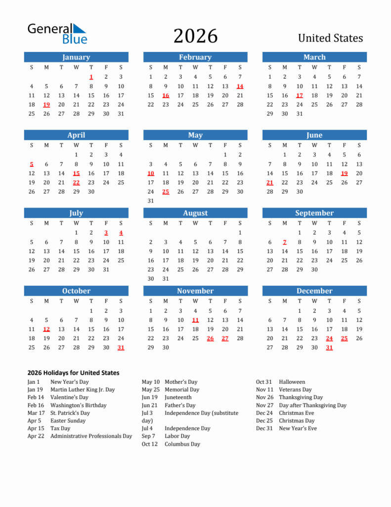 2025 2026 Printable Calendar With Holidays Images Kali Rosamund