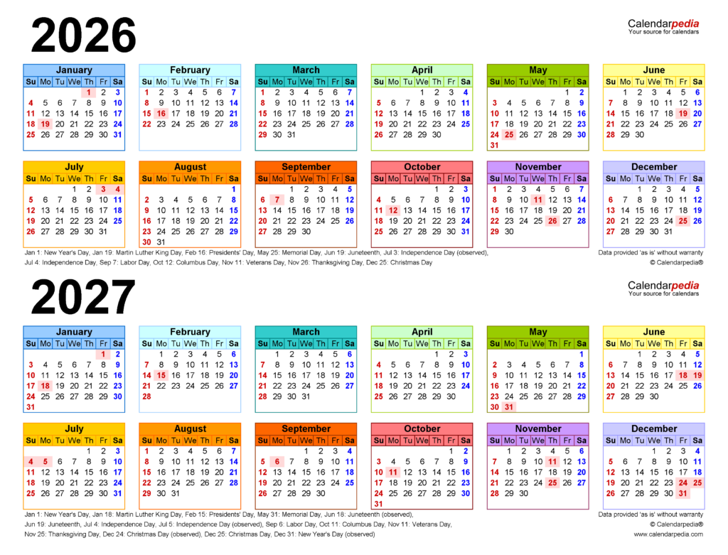 2026 2027 Two Year Calendar Free Printable Word Templates