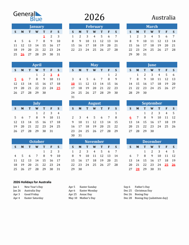 2026 Australia Calendar With Holidays