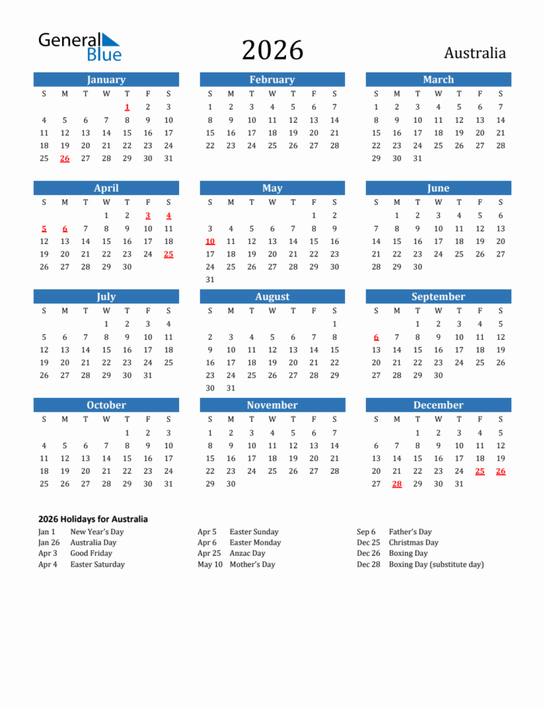 2026 Australia Calendar With Holidays