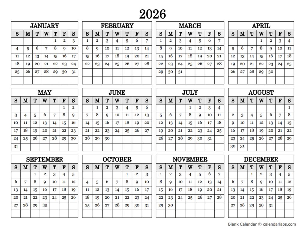 2026 Blank Yearly Calendar Landscape Free Printable Templates