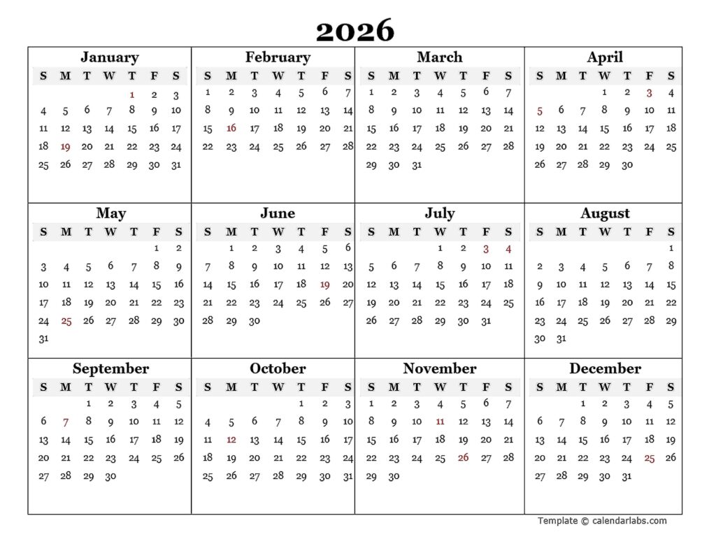2026 Blank Yearly Calendar Template Free Printable Templates