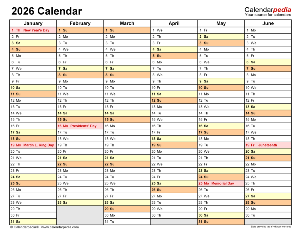 2026 Calendar Free Printable PDF Templates Calendarpedia