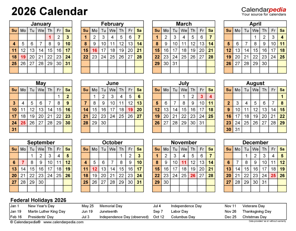 2026 Calendar Free Printable PDF Templates Calendarpedia