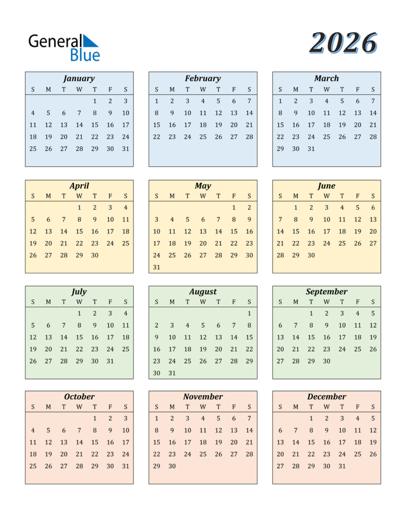 2026 Calendar PDF Word Excel 