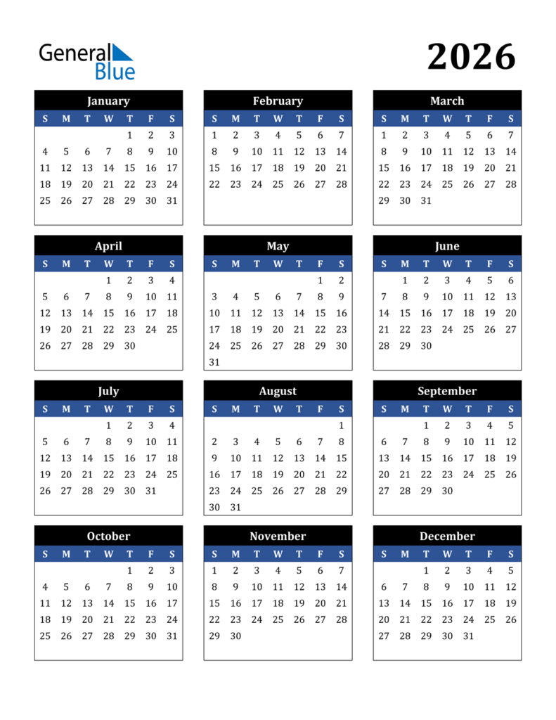 2026 Calendar PDF Word Excel 