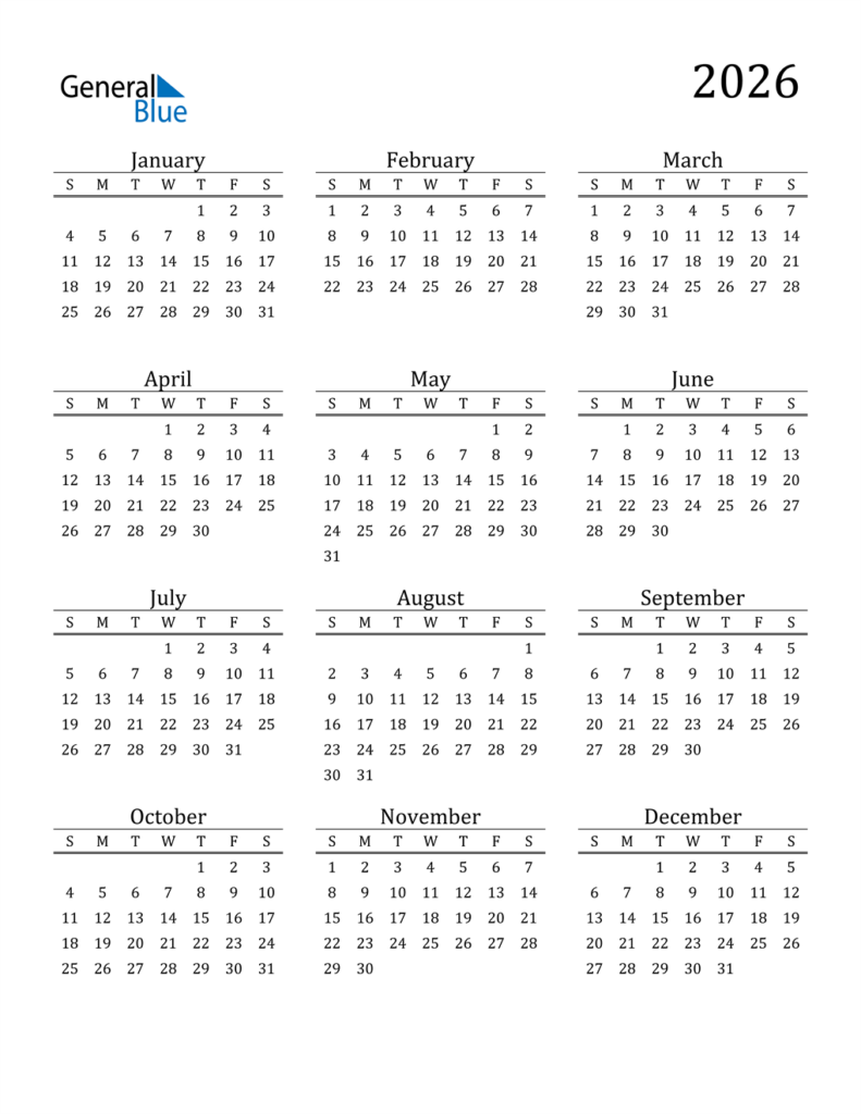 2026 Calendar PDF Word Excel