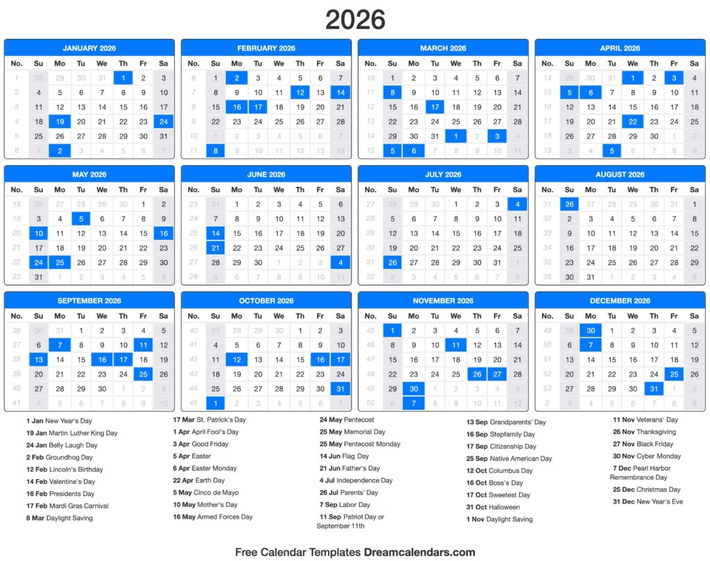 2026 Calendar Printable Printable Templates