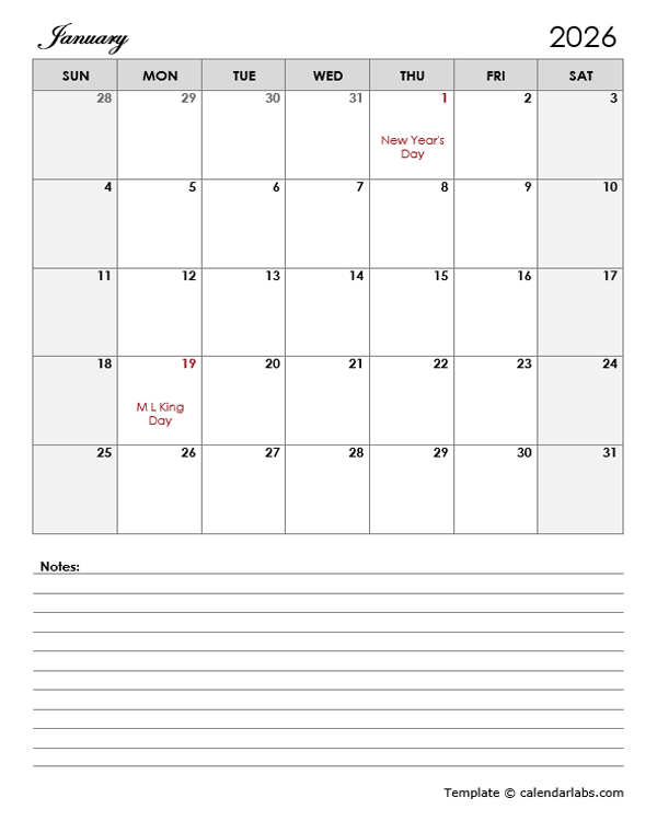 2026 Calendar Template Large Boxes Free Printable Templates
