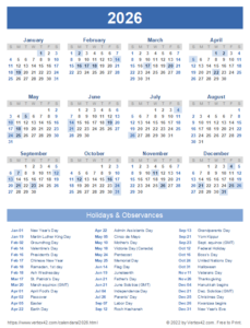 Printable Calendar 2026 With Holidays Free - Printable We Love Printables