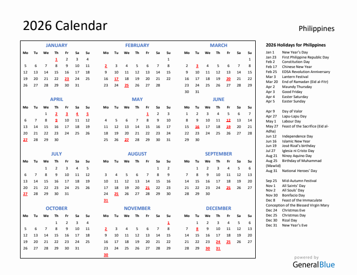 2026 Calendar With Holidays For Philippines