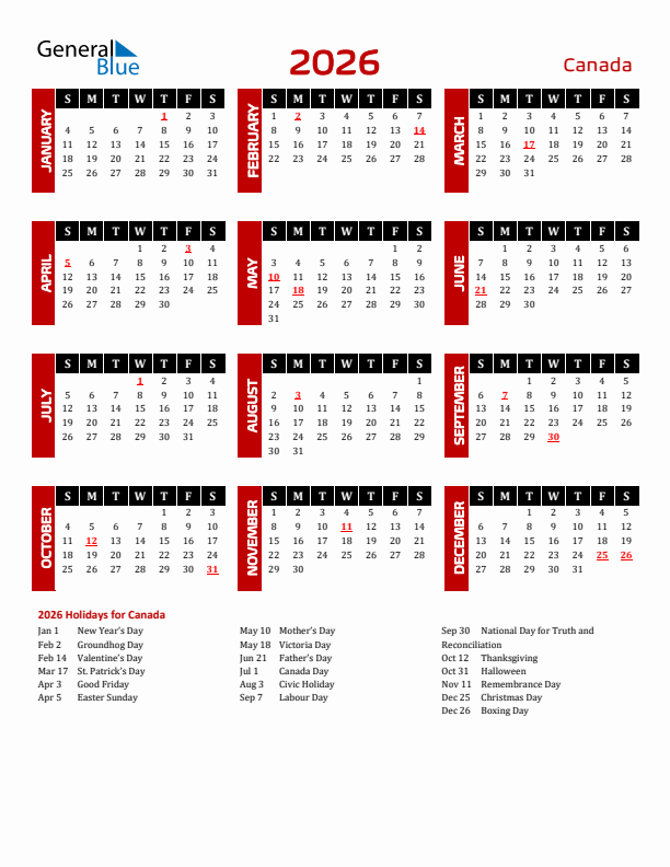 2026 Canada Calendar With Holidays