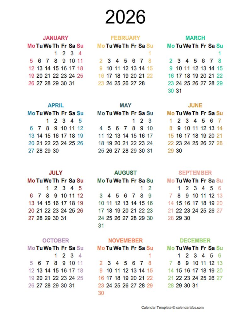2026 Colorful Yearly Excel Calendar Free Printable Templates
