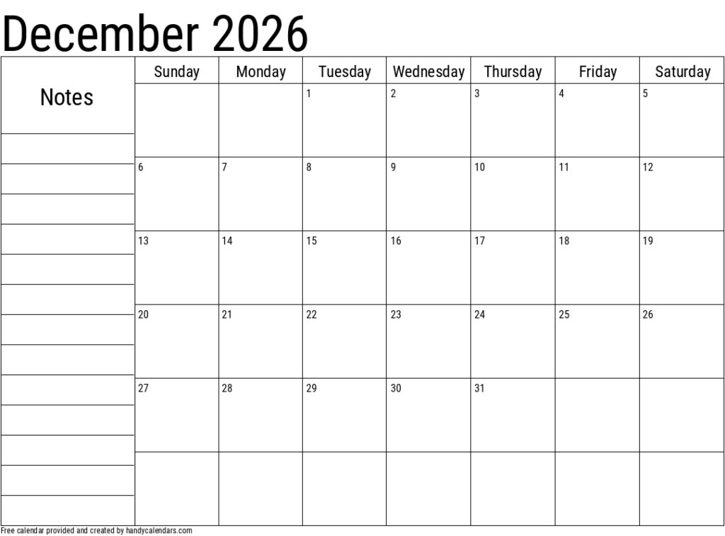 2026 December Calendars Handy Calendars