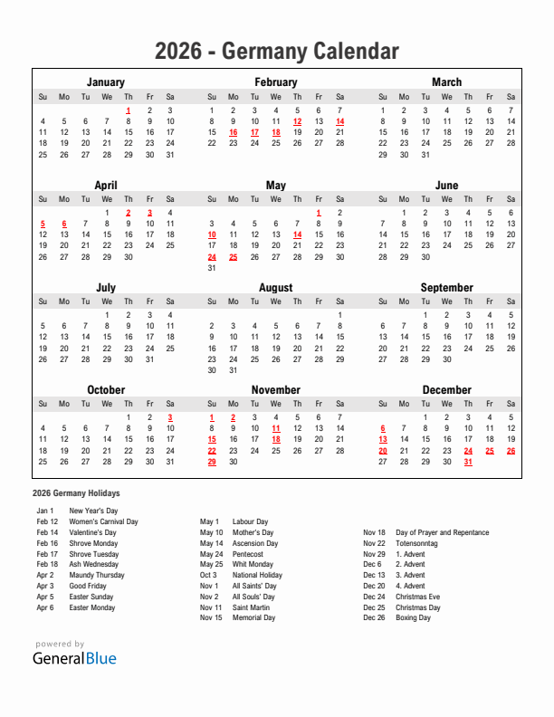 2026 Germany Calendar With Holidays