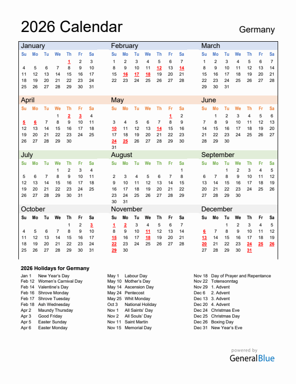 2026 Germany Calendar With Holidays