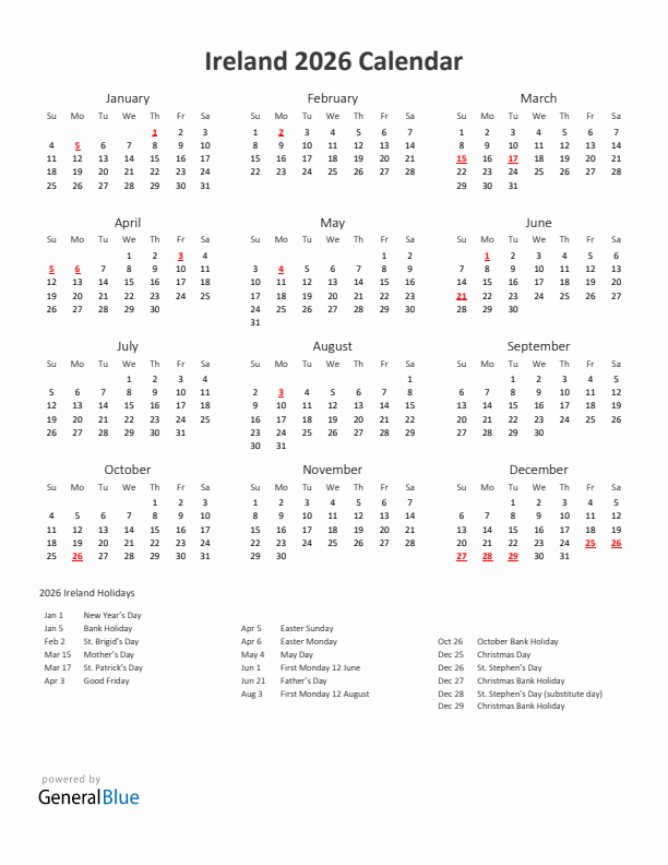 2026 Ireland Calendar With Holidays