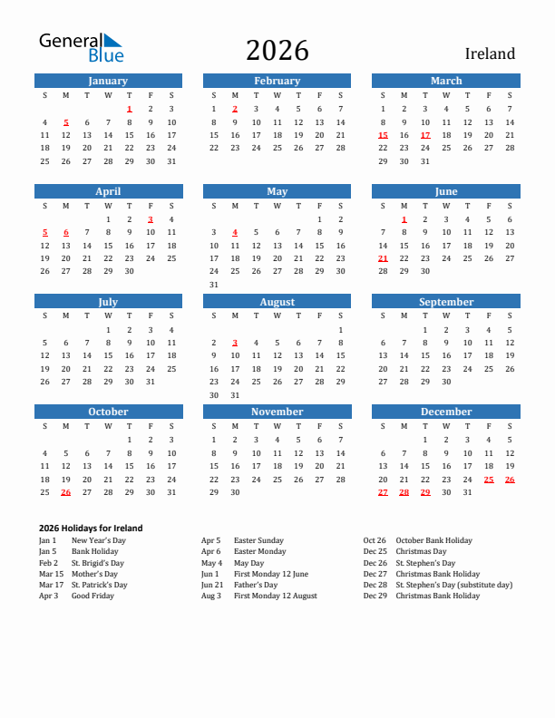 2026 Ireland Calendar With Holidays