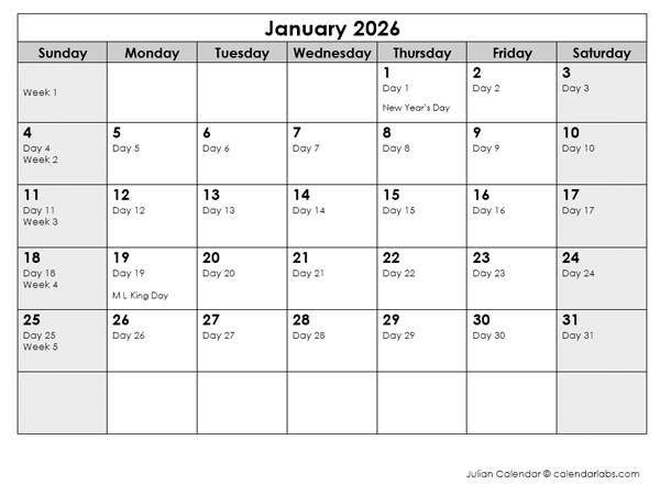 2026 Julian Calendar Free Printable Templates