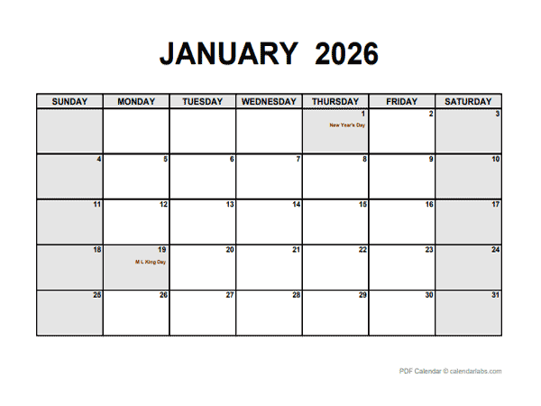 2026 Monthly Calendar PDF Free Printable Templates