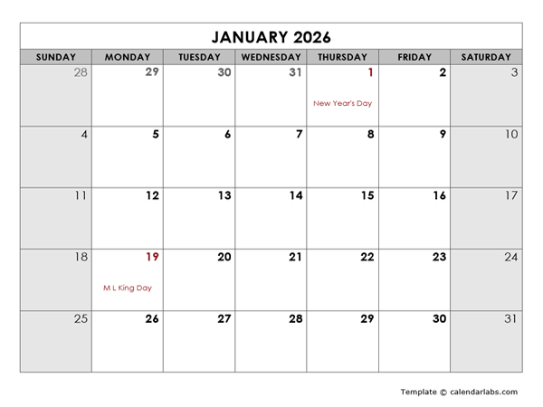 2026 Monthly Calendar With US Holidays Free Printable Templates