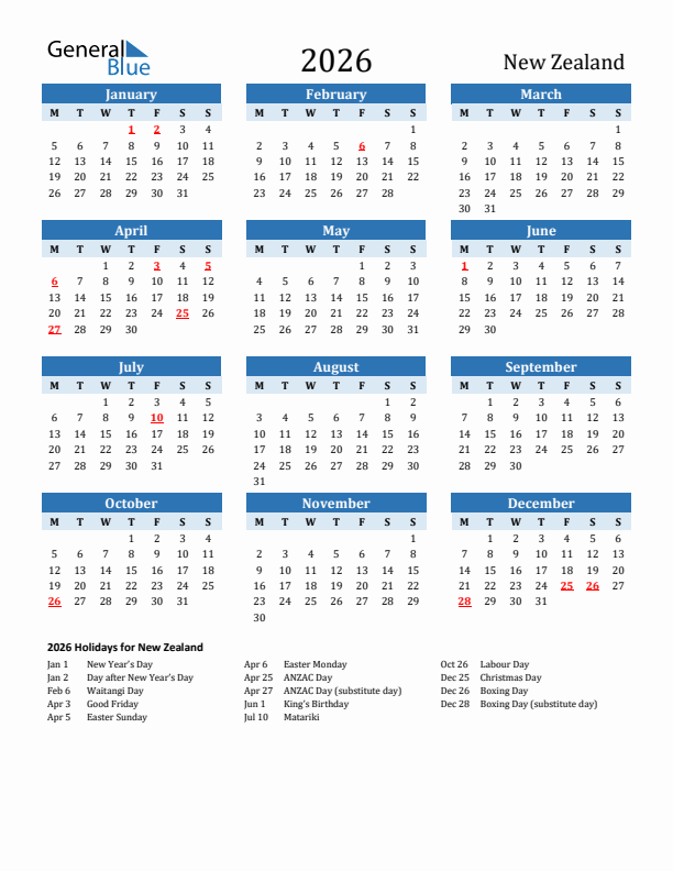 2026 New Zealand Calendar With Holidays