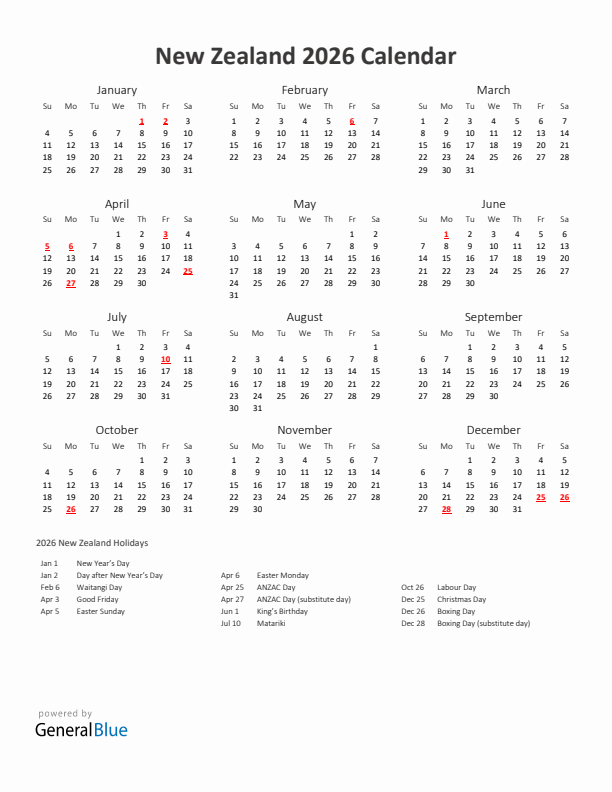 2026 New Zealand Calendar With Holidays