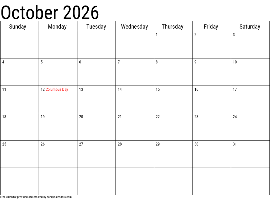 2026 October Calendars Handy Calendars