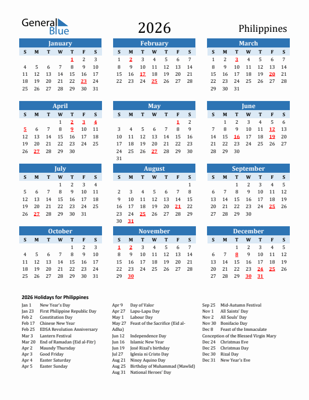 2026 Philippines Calendar With Holidays