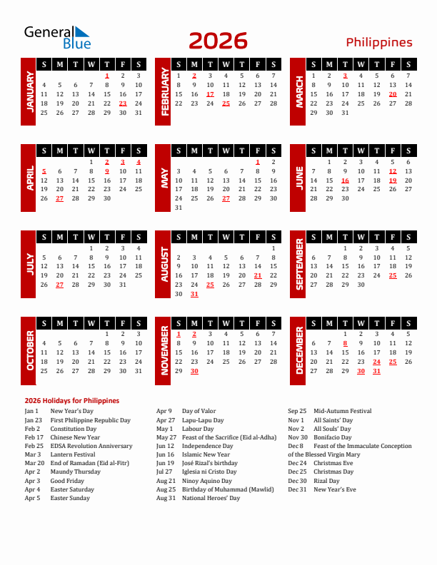 2026 Philippines Calendar With Holidays