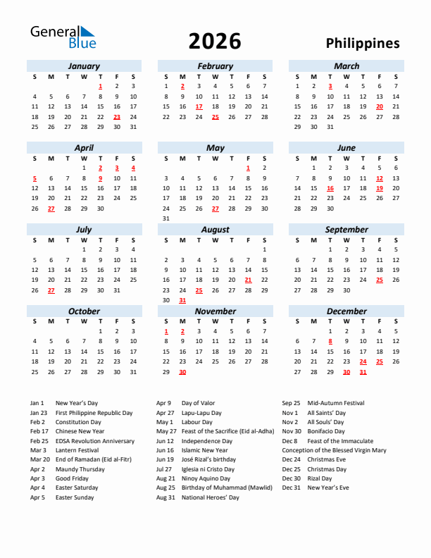 2026 Philippines Calendar With Holidays