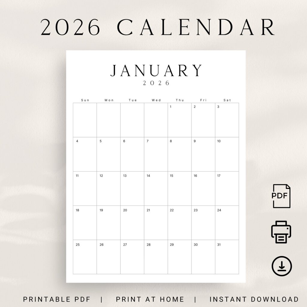 2026 Printable Calendar 2026 Planner Vertical Calendar Portrait Luxe
