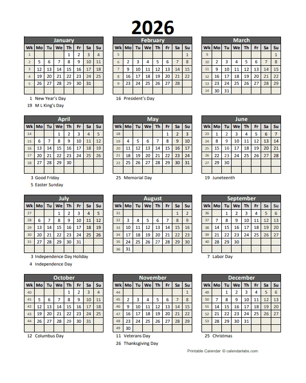 2026 Printable Calendar With Holidays Free Printable Templates