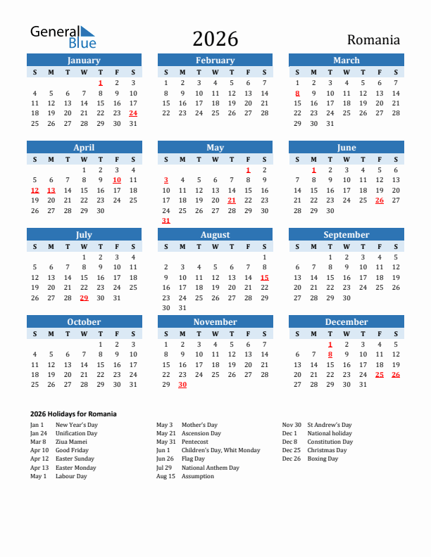 2026 Romania Calendar With Holidays