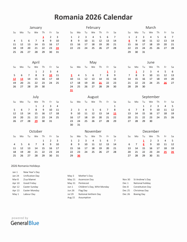 2026 Romania Calendar With Holidays