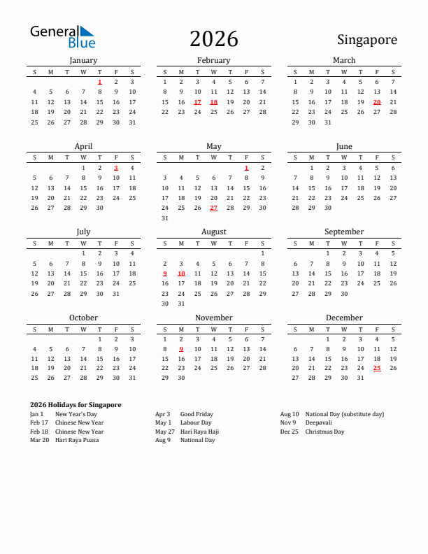 2026 Singapore Calendar With Holidays