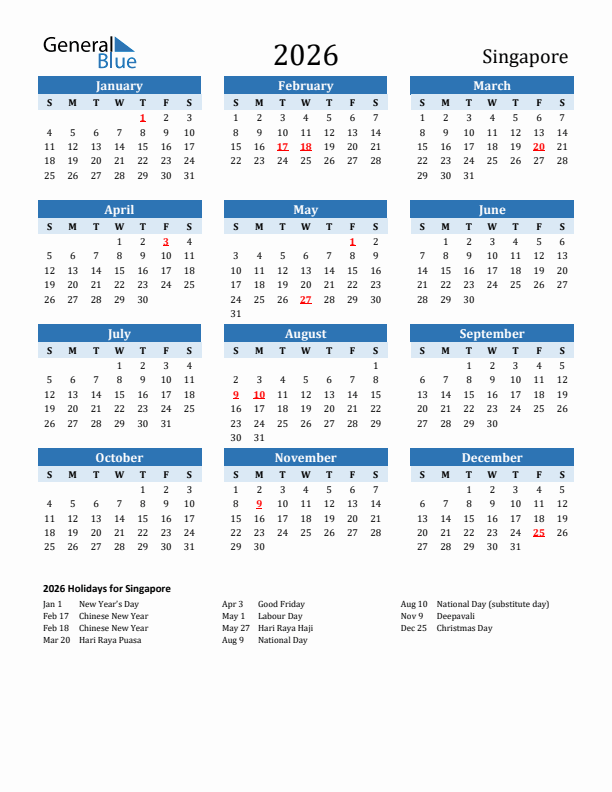 2026 Singapore Calendar With Holidays