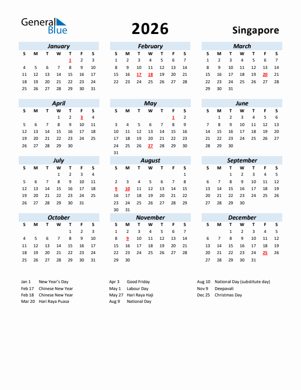 2026 Singapore Calendar With Holidays