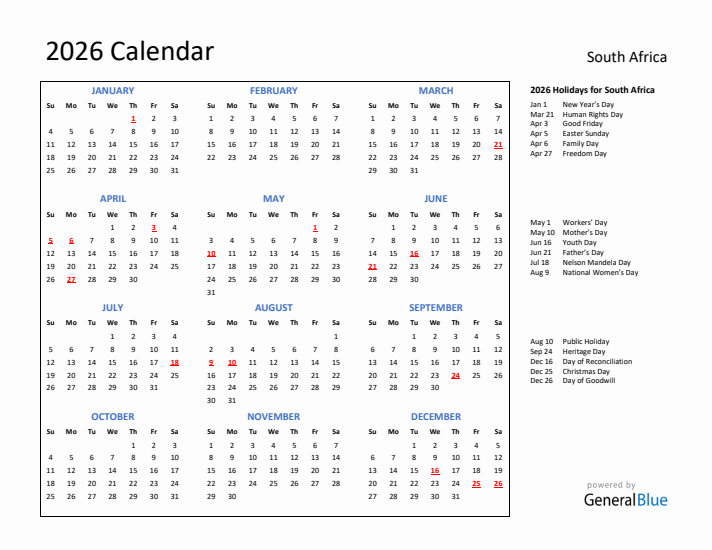 2026 South Africa Calendar With Holidays