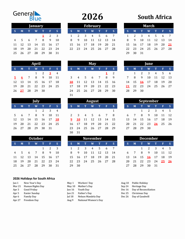 2026 South Africa Calendar With Holidays