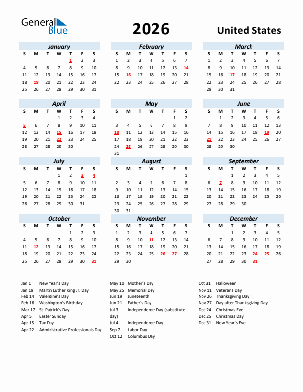 2026 United States Calendar With Holidays