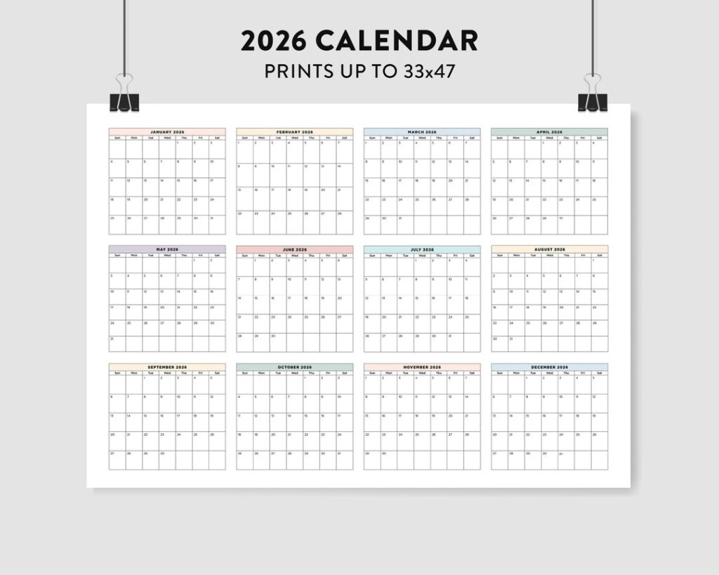 2026 Wall Calendar 2026 Large Printable Calendar 2026 Pastel Calendar