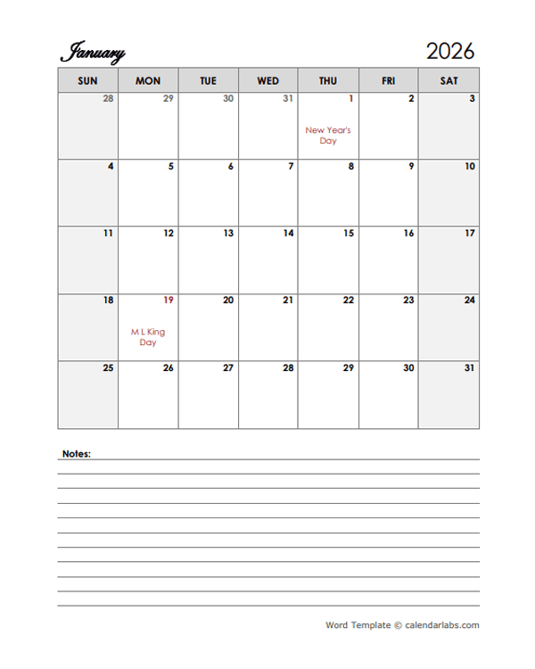 2026 Word Calendar Template With Notes Free Printable Templates