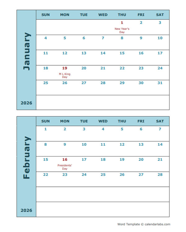 2026 Word Calendar Two Months Per Page Free Printable Templates