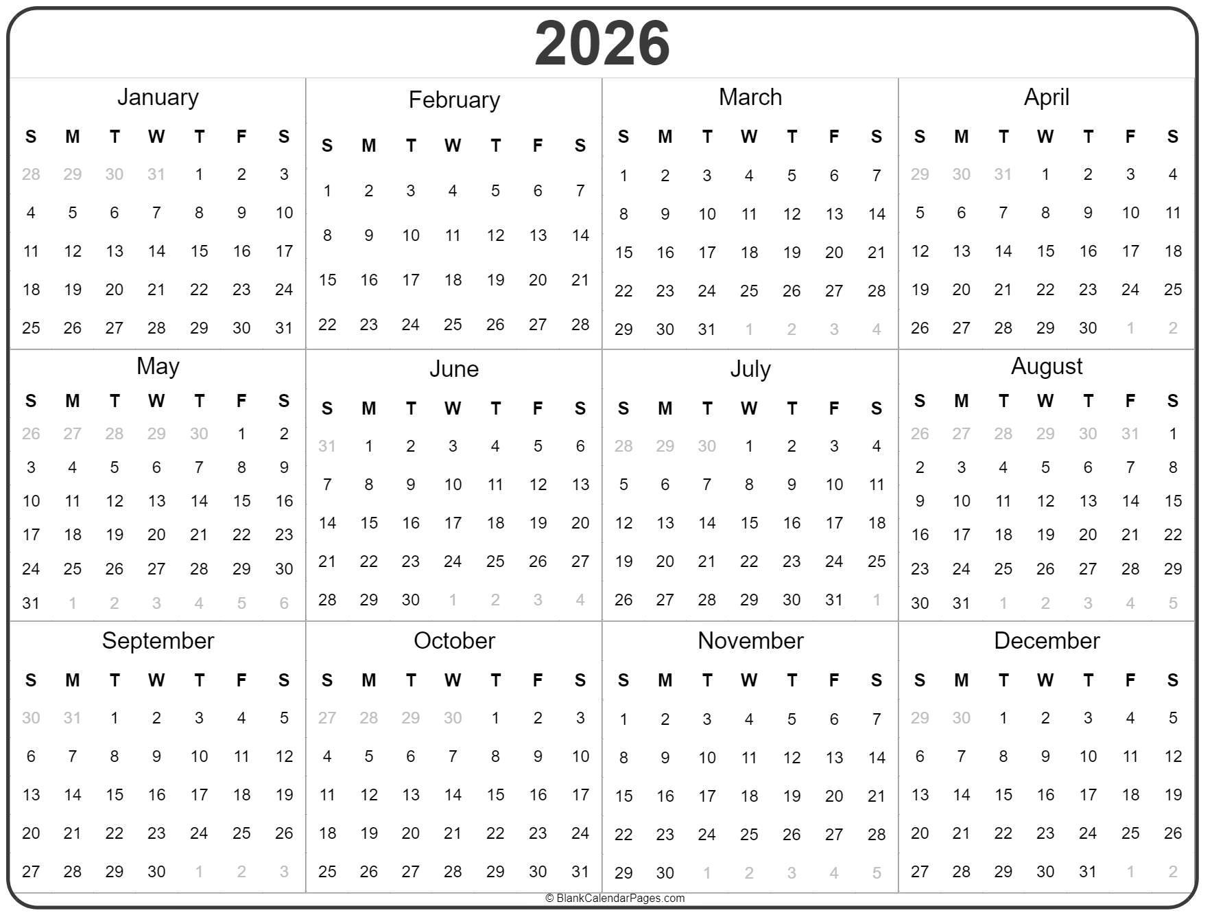 2026 Year Calendar Yearly Printable