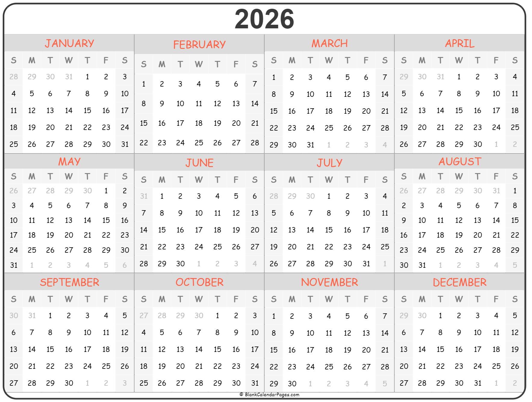 2026 Year Calendar Yearly Printable